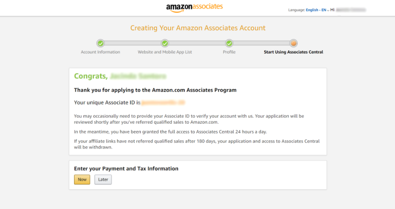 amazon associates account creation confirmation