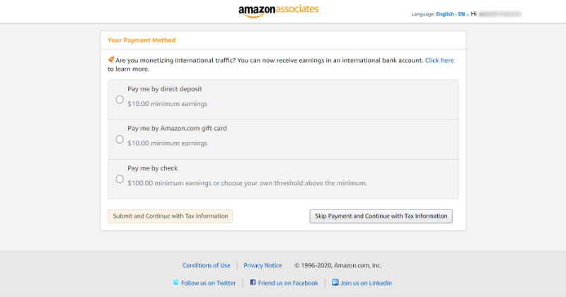 amazon associates payment info