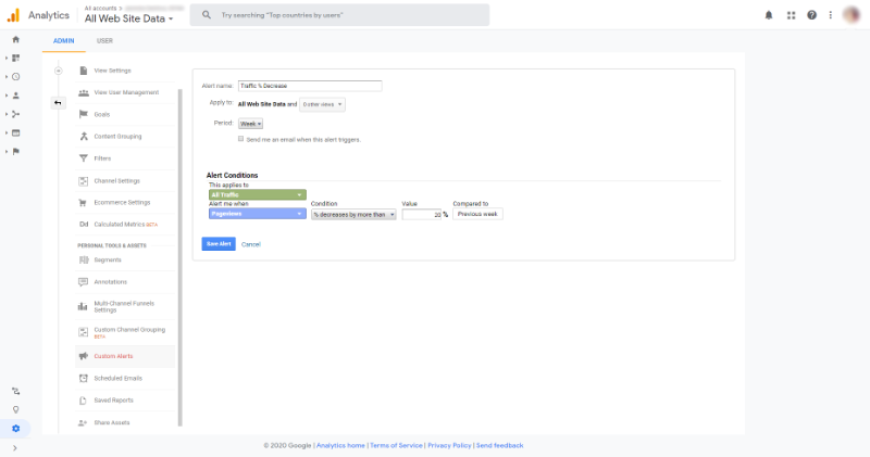 google analytics custom alert for decrease in traffic