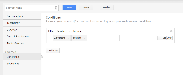 google analytics segment conditions