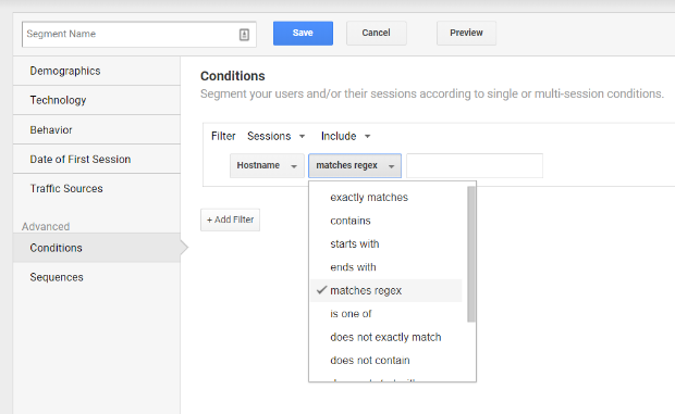 google analytics segment matches regex