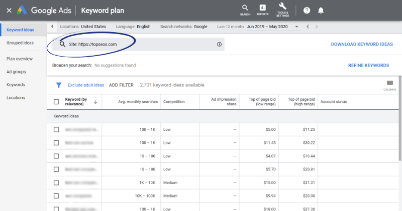 use google ads keyword planner to find keywords based on a website