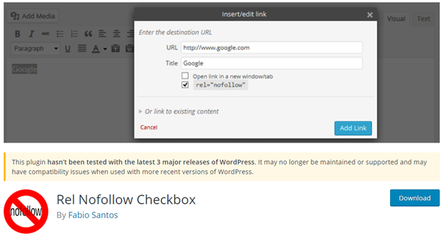 rel nofollow checkbox WordPress plugin for seo